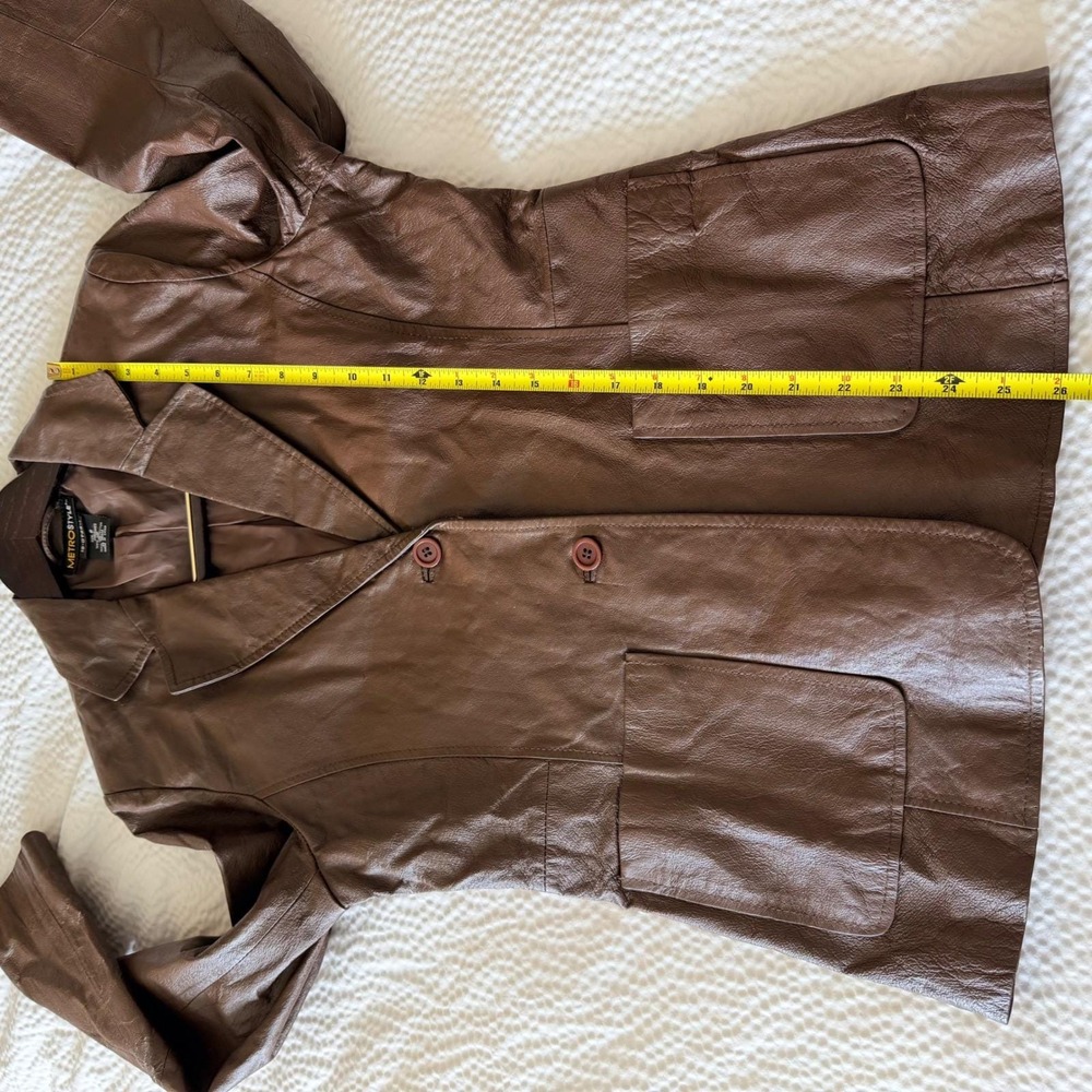 Vtg Y2K Womens 6 Chocolate Brown Genuine Leather Blazer Two Button Chic Timeless - Picture 5 of 7